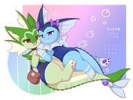 affection amount:pair artist:kryztar body-type:feral cuddling explorer-bag oc pressing-same-body-part-against-each-other series:eeveelutions series:pokemon species:fusion species:sprigatito species:vaporeon style:abstract-background style:playful swimwear // 3500x2640 // 481KB