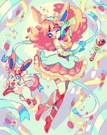 amount:pair atmosphere:fashion body-type:feral body-type:humanoid dress outfit series:eeveelutions series:pokemon species:human species:sylveon style:girly style:pastel-colors style:pixel-art style:very-girly // 1150x1445 // 1.9MB