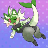 amount:solo body-type:feral body-type:semi-anthro bunny-costume fishnet-leggings outfit series:eeveelutions series:pokemon species:fusion species:sprigatito species:vaporeon style:abstract-background translucent-clothing wearing-bow // 2048x2048 // 268KB