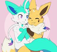 affection amount:pair body-type:feral body-type:semi-anthro cuddling fluffified heterochromia series:eeveelutions series:pokemon species:jolteon species:sylveon touching-paws // 1094x1000 // 119KB