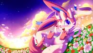 amount:solo atmosphere:field atmosphere:flowers atmosphere:stary atmosphere:sunset body-type:feral flower series:eeveelutions series:pokemon species:sylveon style:intentional-blur visibly-shy visual-teasing // 1700x962 // 208KB