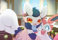 amount:pair atmosphere:marriage body-type:feral body-type:semi-anthro dress feminine flower series:eeveelutions series:pokemon species:meowstic species:sylveon stained-glass style:girly wearing-flower wedding-dress // 2211x1543 // 316KB