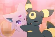 affection amount:pair belly-squish body-type:feral body-type:semi-anthro body-type:slightly-chubby cheek-rub forehead-gem hall-of-fame:bronze hugging pressing-same-body-part-against-each-other series:eeveelutions series:pokemon species:espeon species:umbreon style:abstract-background style:over-exposure // 2400x1600 // 202KB