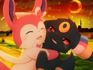 affection amount:pair atmosphere:sunset body-type:feral body-type:semi-anthro cheek-rub pressing-same-body-part-against-each-other series:eeveelutions series:pokemon species:sylveon species:umbreon // 1600x1200 // 224KB