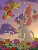 amount:pair atmosphere:flowers atmosphere:sunset body-type:feral series:eeveelutions series:pokemon species:comfey species:sylveon style:girly // 1000x1300 // 871KB