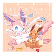 amount:pair body-type:feral series:eeveelutions series:pokemon species:eevee species:sylveon style:abstract-background style:outline style:playful wearing-bow // 3000x3000 // 2.6MB