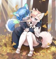 amount:pair atmosphere:autumn atmosphere:sunlight body-type:anthro casual-outfit hall-of-fame:bronze hall-of-fame:silver outfit schoolgirl-outfit species:cat species:fox style:intentional-blur style:kemono style:sunrays // 1429x1500 // 246KB