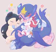 affection amount:pair annoyed body-type:feral body-type:semi-anthro cuddling plush series:eeveelutions series:pokemon species:garchomp species:sylveon style:kawaii // 1147x1075 // 140KB