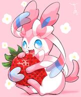 amount:solo atmosphere:flowers body-type:feral drooling eating flower hall-of-fame:bronze series:eeveelutions series:pokemon species:sylveon strawberry style:girly style:kawaii style:one-color style:pink // 1733x2048 // 257KB