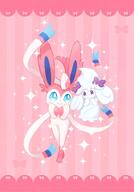 amount:pair atmosphere:frilly-background body-type:feral body-type:semi-anthro series:eeveelutions series:pokemon species:alcremie species:food-creature species:sylveon style:girly style:one-color style:pink style:sparkly style:striped-background // 850x1217 // 128KB