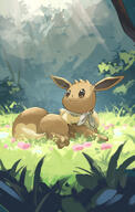 amount:solo atmosphere:field atmosphere:forest atmosphere:sunlight body-type:feral scarf series:pokemon species:eevee // 1492x2357 // 1.6MB
