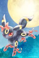 amount:solo atmosphere:hills atmosphere:night body-type:feral moon series:eeveelutions series:pokemon species:umbreon style:watercolor wearing-bow wink // 1378x2039 // 610KB