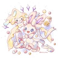 amount:pair body-type:feral body-type:semi-anthro candy food series:eeveelutions series:pokemon species:jirachi species:sylveon style:girly style:watercolor sweets // 2000x2000 // 419KB