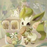 alchemy amount:solo atmosphere:flowers atmosphere:forest atmosphere:garden atmosphere:sunlight body-type:feral food fruit orange-(fruit) organization series:eeveelutions series:pokemon species:leafeon // 2000x2000 // 351KB
