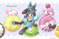 amount:multiple atmosphere:cafe body-type:anthro body-type:semi-anthro donut food species:lucario species:slurpuff species:swirlix style:abstract-background style:girly style:pastel-colors style:playful sweets // 1500x1000 // 157KB