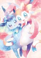 affection amount:pair body-type:feral body-type:semi-anthro cuddling series:eeveelutions series:pokemon species:glaceon species:sylveon style:girly style:sparkly style:watercolor // 713x1000 // 159KB