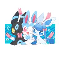 amount:multiple body-type:feral series:eeveelutions series:pokemon species:glaceon species:shiny-pokemon species:sylveon species:umbreon style:abstract-background style:dithering style:playful wearing-bow // 2598x2598 // 332KB