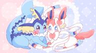 affection amount:pair atmosphere:frilly-background body-type:feral series:eeveelutions series:pokemon species:sylveon species:vaporeon style:girly style:opposite-background style:pastel-colors style:playful style:split-background touching-paws wearing-bow // 3024x1670 // 330KB