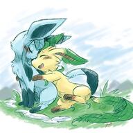 affection amount:pair atmosphere:hills body-type:feral cuddling series:eeveelutions series:pokemon species:glaceon species:leafeon style:scribbles // 500x500 // 66KB