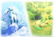 amount:pair atmosphere:hills atmosphere:mountains atmosphere:snowy atmosphere:sunlight body-type:feral series:eeveelutions series:pokemon species:glaceon species:leafeon style:split-background style:watercolor // 2039x1378 // 3.3MB