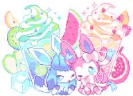 amount:pair body-type:feral drink food fruit series:eeveelutions series:pokemon species:glaceon species:sylveon style:pastel-colors style:pixel-art style:playful sweets // 1501x1078 // 48KB