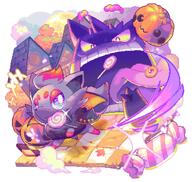 amount:pair atmosphere:halloween atmosphere:town body-type:feral candy species:gengar species:gigantamax-pokemon species:zorua style:pixel-art // 2048x1937 // 469KB