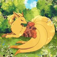 amount:pair atmosphere:field atmosphere:sunlight body-type:feral series:pokemon species:ninetales species:vulpix style:kawaii style:noisy // 1924x1916 // 1.2MB