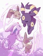 amount:multiple angel-wings atmosphere:clouds atmosphere:sunlight body-type:feral forehead-gem series:eeveelutions series:pokemon species:eevee species:espeon species:umbreon style:dithering style:over-exposure style:pixel-art wings // 1292x1666 // 227KB