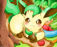 amount:solo atmosphere:forest body-type:feral body-type:slightly-chubby food fruit series:eeveelutions series:pokemon species:leafeon // 2048x1682 // 418KB
