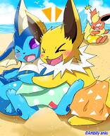 affection amount:pair atmosphere:beach body-type:feral hugging outfit series:eeveelutions series:pokemon species:flareon species:jolteon species:vaporeon style:circle-sparkles swimwear // 1300x1600 // 254KB