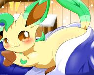 amount:solo atmosphere:bedroom atmosphere:home belly-squish body-type:feral body-type:slightly-chubby series:eeveelutions series:pokemon species:leafeon style:circle-sparkles // 2048x1638 // 231KB