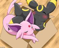 affection amount:pair atmosphere:home body-type:feral cardboard-box cramped cuddling forehead-gem series:eeveelutions series:pokemon species:espeon species:umbreon // 2048x1638 // 230KB