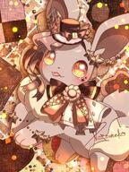 amount:solo atmosphere:cafe body-type:feral cookies outfit series:pokemon species:eevee style:circle-sparkles style:detailed-pattern style:one-color top-hat wearing-bow // 768x1024 // 188KB