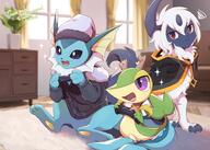 amount:multiple atmosphere:home body-type:feral body-type:semi-anthro gaming necklace nerdy outfit series:eeveelutions series:pokemon species:absol species:snivy species:vaporeon sweater // 2976x2122 // 549KB