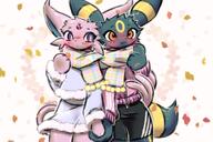 amount:pair atmosphere:autumn body-type:anthro casual-outfit forehead-gem hall-of-fame:bronze leaves pir scarf series:eeveelutions series:pokemon species:espeon species:umbreon style:kemono touching-paws visibly-shy // 2025x1350 // 304KB
