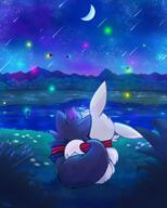 affection amount:pair atmosphere:hills atmosphere:lake atmosphere:night best-of-the-best body-type:feral cuddling flower hugging series:pokemon species:eevee species:volbeat species:zorua style:dim style:glow // 1920x2400 // 589KB