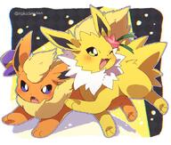 amount:pair body-type:feral feminine flower series:eeveelutions series:pokemon species:flareon species:jolteon style:chromatic-aberration style:girly style:outline wearing-flower // 680x576 // 85KB