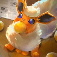 amount:solo atmosphere:home body-type:feral bread eating food series:eeveelutions series:pokemon silly species:flareon style:intentional-blur style:noisy // 900x900 // 1.7MB