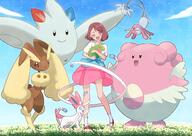 amount:multiple atmosphere:field atmosphere:flowers body-type:feral body-type:humanoid body-type:semi-anthro flower skirt species:blissey species:human species:lopunny species:mesprit species:togekiss style:kawaii // 4100x2894 // 9.7MB