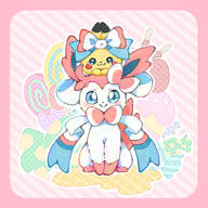 amount:pair body-type:feral series:eeveelutions series:pokemon species:pikachu species:sylveon style:pastel-colors style:playful // 1181x1181 // 1013KB