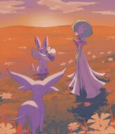 amount:multiple atmosphere:field atmosphere:sunset body-type:anthro body-type:feral body-type:semi-anthro flower forehead-gem series:eeveelutions series:pokemon species:espeon species:gardevoir species:sylveon // 1755x2048 // 261KB