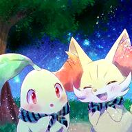amount:pair atmosphere:night body-type:feral scarf species:chikorita species:fennekin style:watercolor // 1000x1000 // 1.7MB