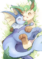 affection amount:pair atmosphere:field body-type:feral cuddling lick series:eeveelutions series:pokemon species:leafeon species:vaporeon style:kawaii // 3541x5016 // 1.6MB