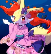 amount:solo atmosphere:night atmosphere:party body-type:anthro body-type:semi-anthro kimono outfit sky-lantern species:braixen visibly-shy // 1033x1103 // 1.0MB