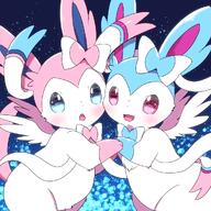 affection amount:pair atmosphere:stary body-type:semi-anthro cheek-rub pressing-same-body-part-against-each-other series:eeveelutions series:pokemon species:sylveon wings // 1001x1001 // 599KB