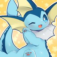 amount:solo body-type:feral hall-of-fame:bronze series:eeveelutions series:pokemon species:vaporeon stars style:abstract-background style:kawaii style:outline style:playful style:very-playful wink // 1280x1280 // 257KB