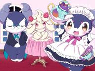 amount:multiple atmosphere:fashion atmosphere:night atmosphere:regal atmosphere:stary body-type:anthro body-type:semi-anthro body-type:slightly-chubby glasses maid nerdy outfit species:alcremie species:food-creature species:indeedee species:polteageist species:sinistea style:chromatic-aberration style:girly style:sparkly // 1600x1200 // 1.6MB