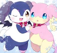 affection amount:pair artist:kemoribon body-type:semi-anthro body-type:slightly-chubby cheek-rub pressing-same-body-part-against-each-other species:audino species:indeedee style:girly style:noisy wearing-bow // 1600x1480 // 2.4MB