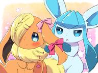 amount:pair artist:kemoribon atmosphere:fashion body-type:feral body-type:slightly-chubby embarrassed hall-of-fame:bronze series:eeveelutions series:pokemon silly species:flareon species:glaceon style:kawaii style:playful visibly-shy wearing-bow // 1600x1200 // 1.2MB