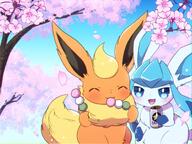 amount:pair atmosphere:sakura body-type:feral body-type:semi-anthro eating food series:eeveelutions series:pokemon species:flareon species:glaceon style:chromatic-aberration // 1500x1125 // 1.5MB